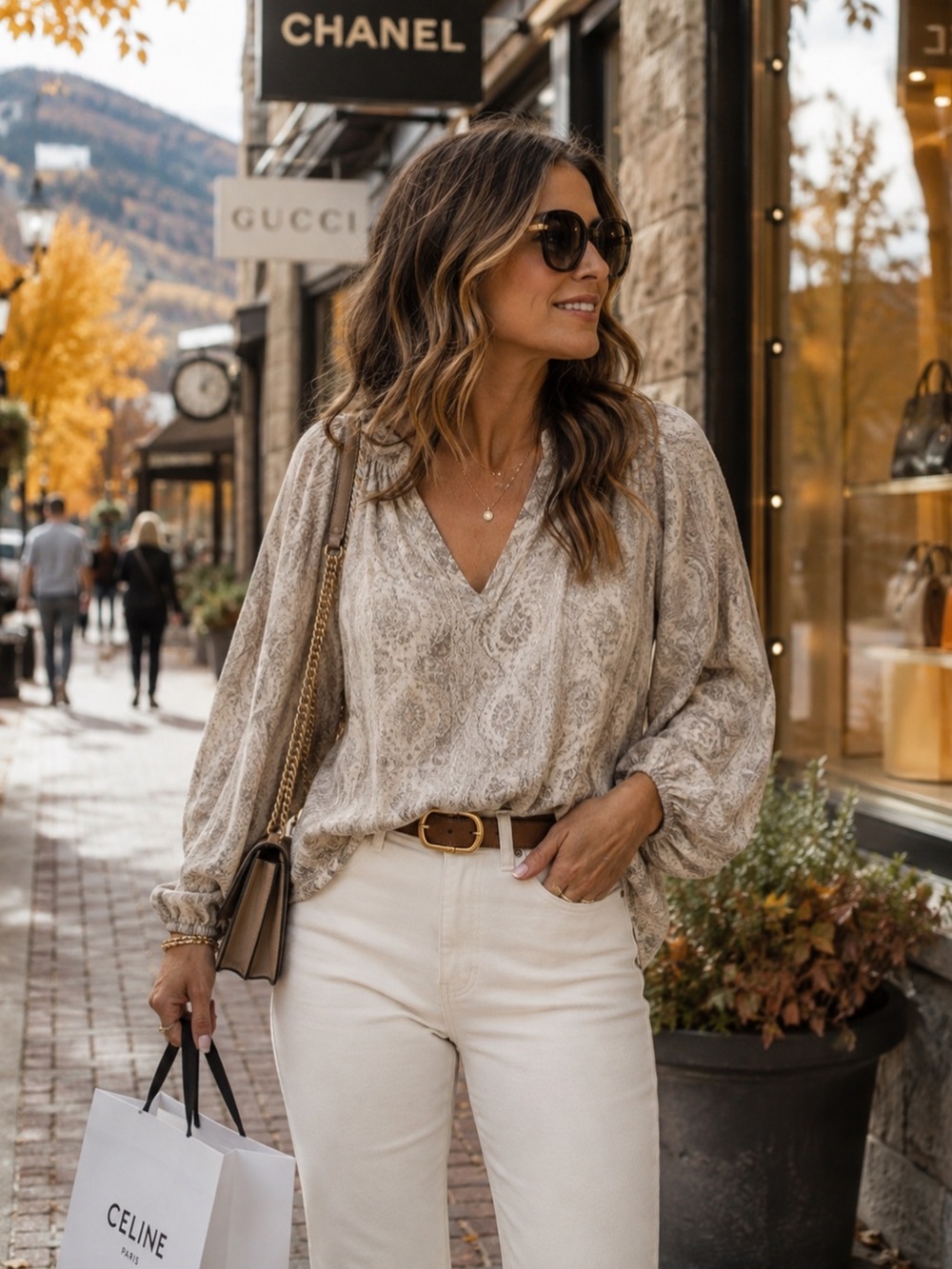 Marina Luna Medallion Print Beige White V Neck Top